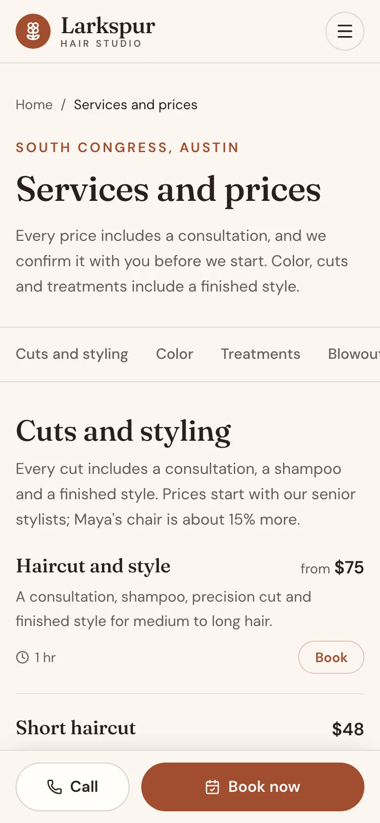 The salon's services and prices on a phone