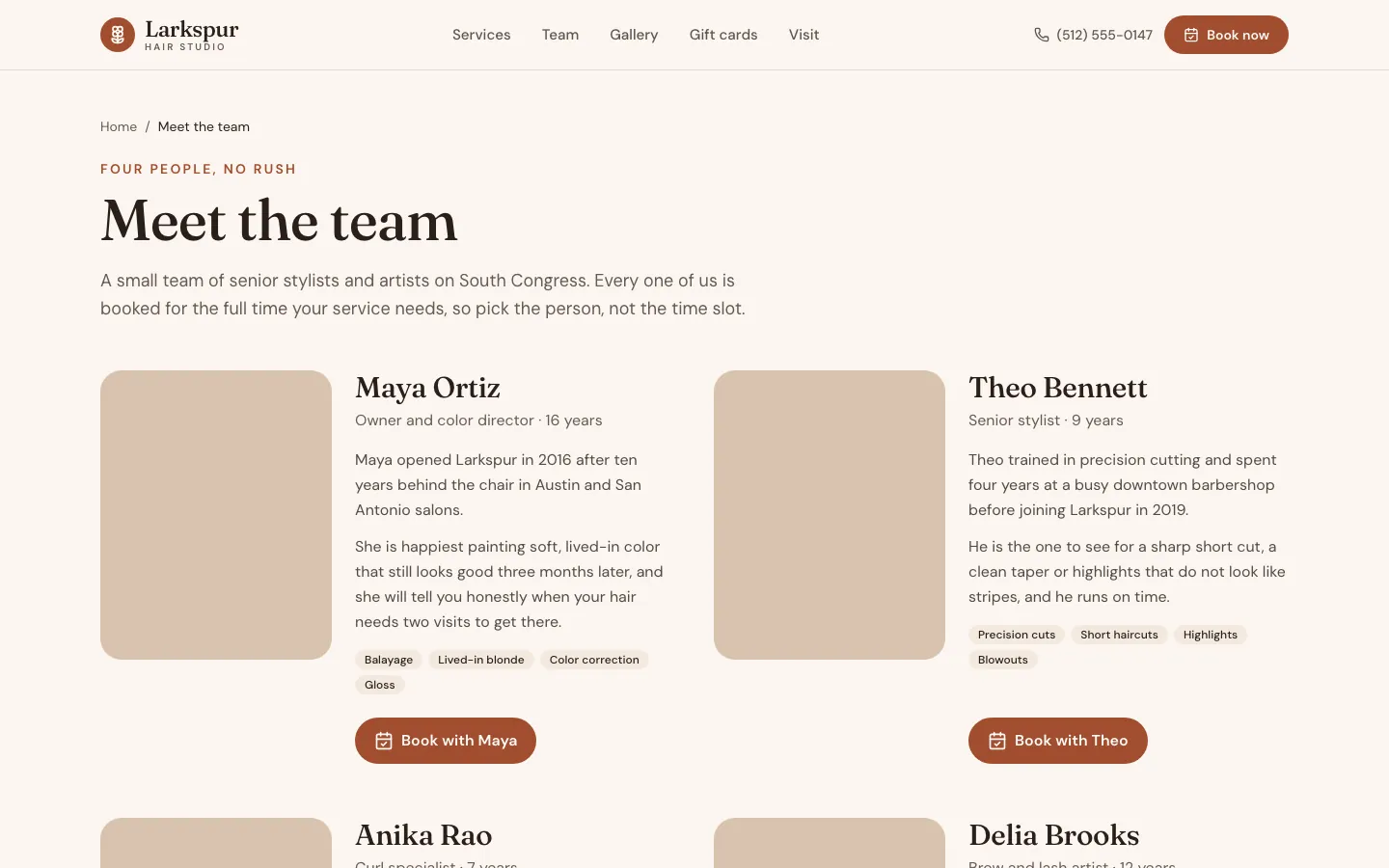 A team page with stylists and Book with buttons